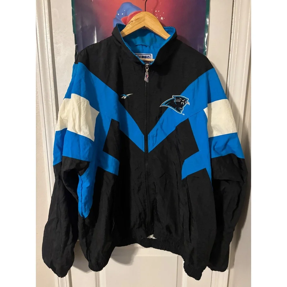 Vintage Reebok NFL Pro Line Carolina Panthers Windbreaker Jacket XXL Black Blue